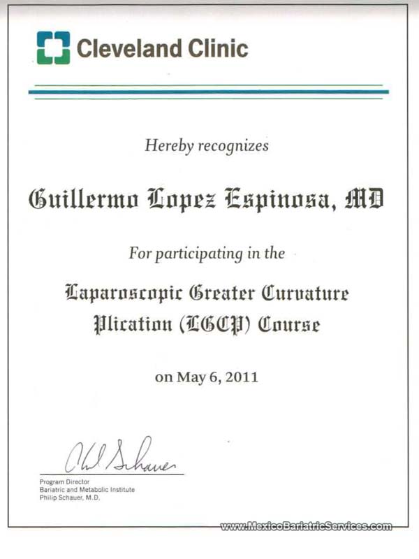 Cleveland Clinic Gastric Sleeve Tijuana Certificate