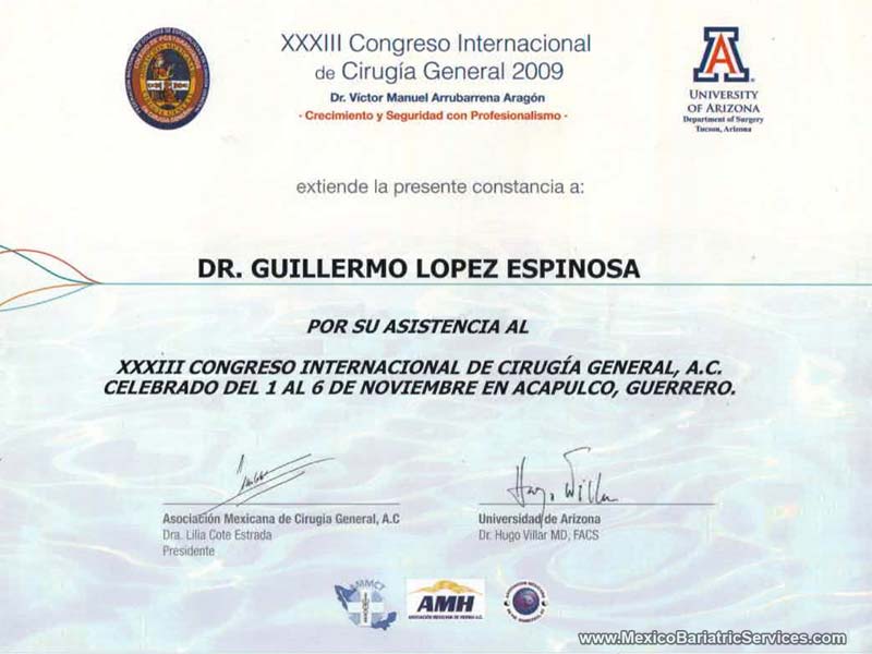 Dr. Guillermo General Surgery Tijuana Certificate