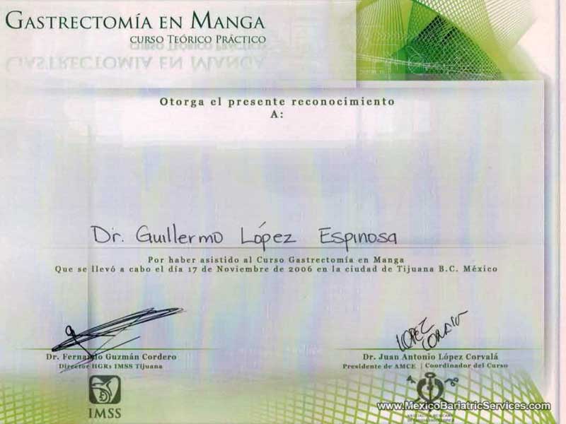 Gastric Sleeve Dr. Guillermo Lopez Tijuana Certificate